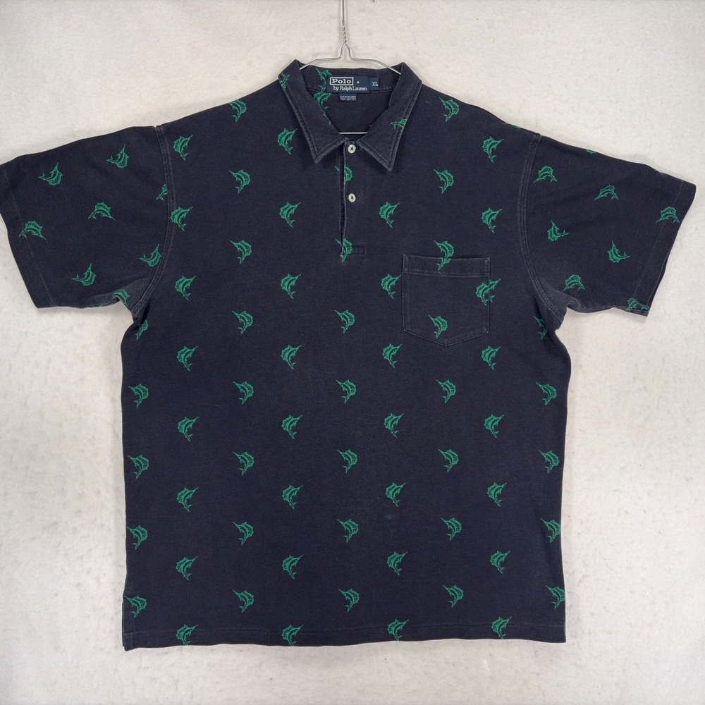 Vintage Polo Ralph Lauren Marlin Fish Print Polo Shirt XL Black Green Cotton